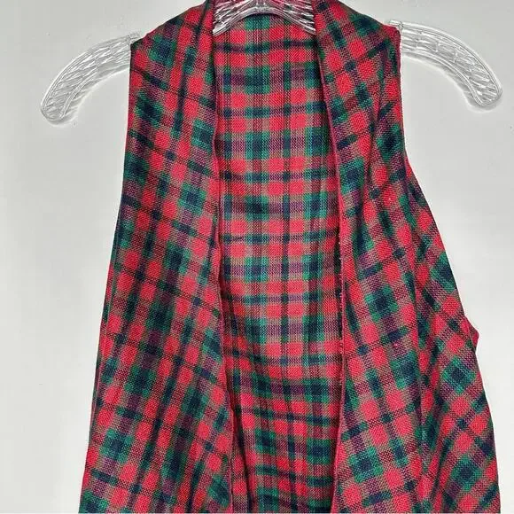 Stylish Red & Green Plaid Open Cardigan Vest - Picture 3 of 9